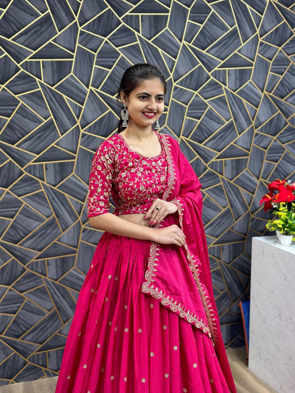 "Dark Rani Festival Lehenga Choli Set: Exquisite Chinon Ensemble with Intricate Embroidery"