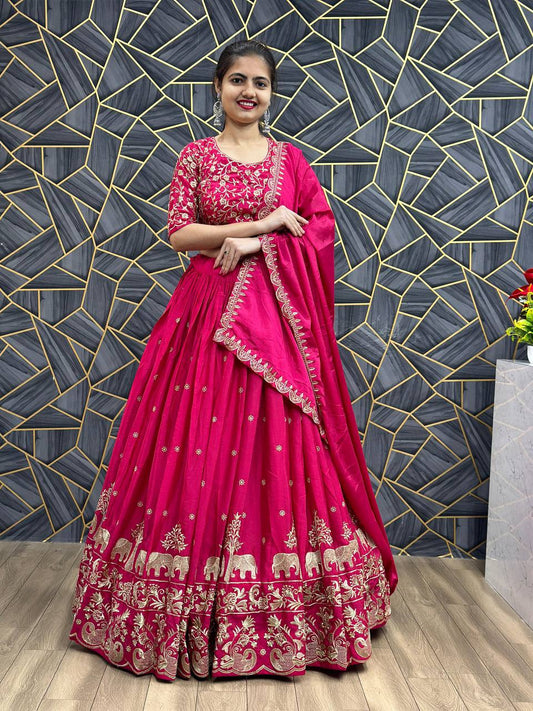 "Dark Rani Festival Lehenga Choli Set: Exquisite Chinon Ensemble with Intricate Embroidery"