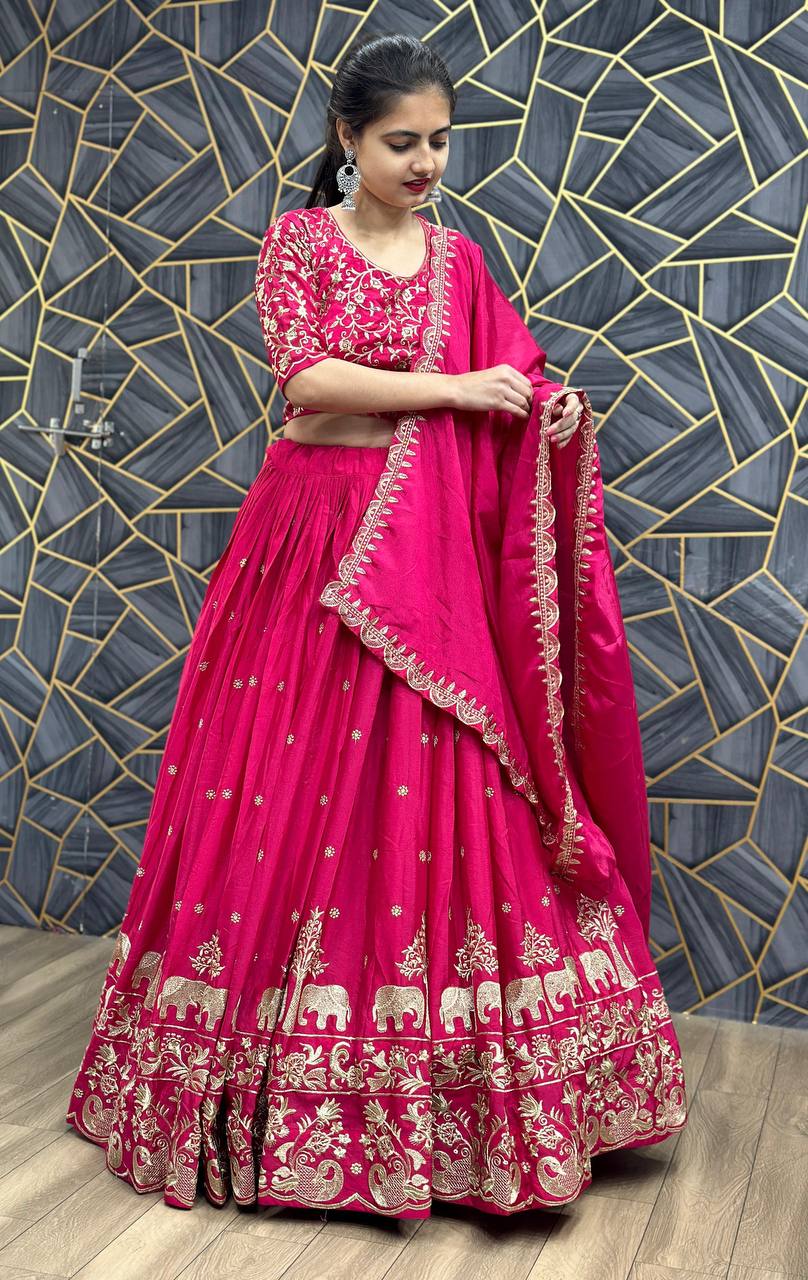 "Dark Rani Festival Lehenga Choli Set: Exquisite Chinon Ensemble with Intricate Embroidery"