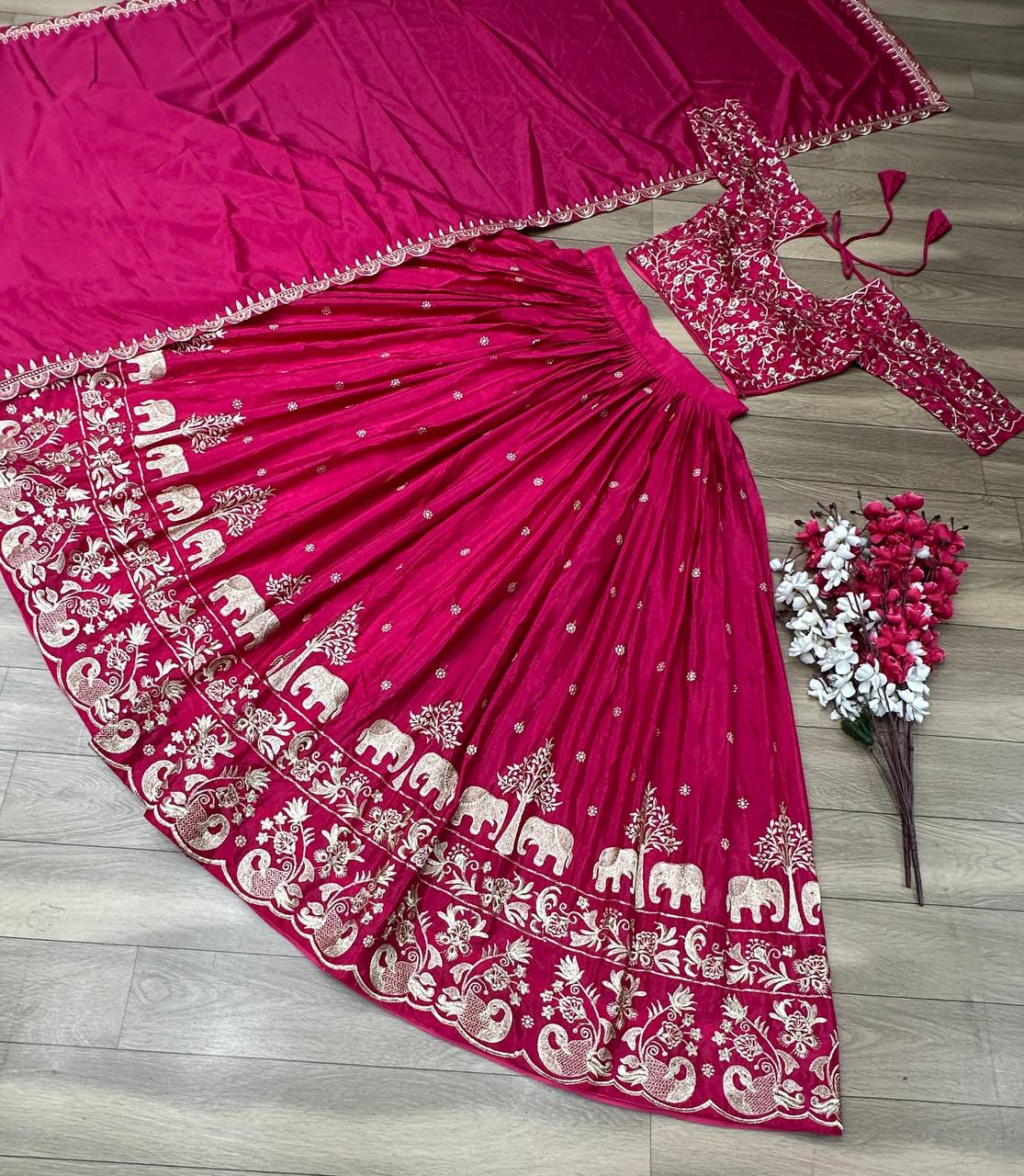 "Dark Rani Festival Lehenga Choli Set: Exquisite Chinon Ensemble with Intricate Embroidery"