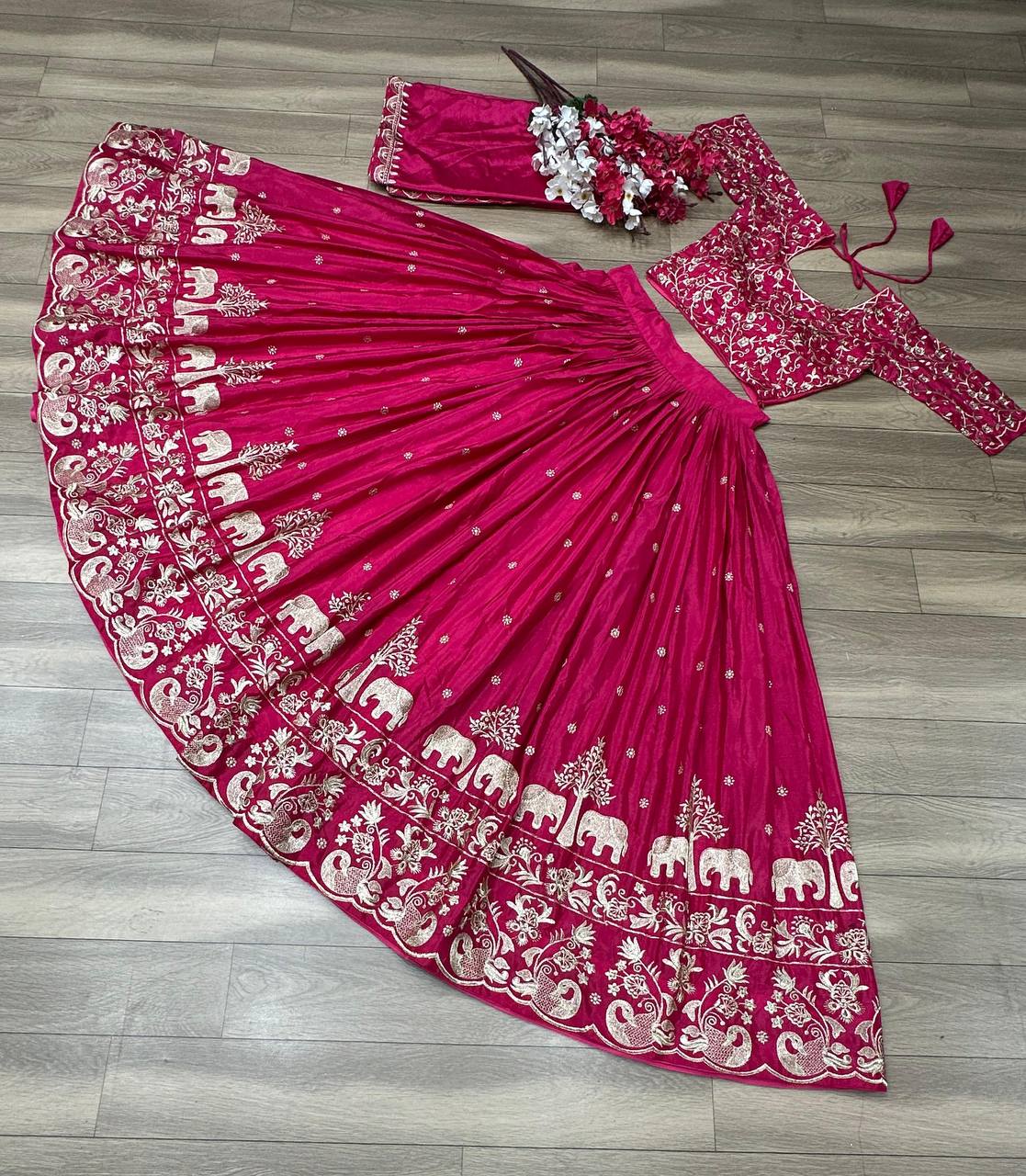 "Dark Rani Festival Lehenga Choli Set: Exquisite Chinon Ensemble with Intricate Embroidery"