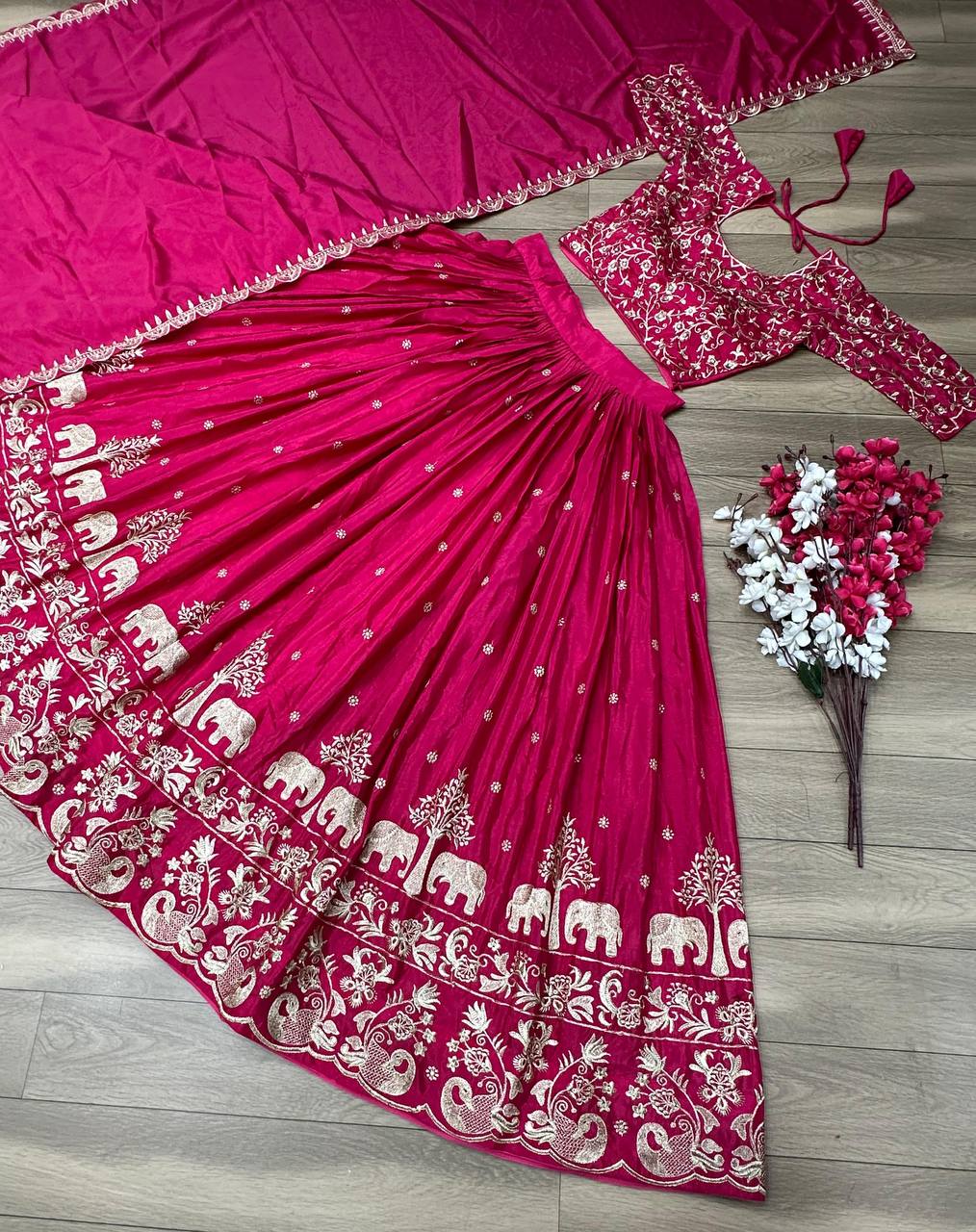 "Dark Rani Festival Lehenga Choli Set: Exquisite Chinon Ensemble with Intricate Embroidery"