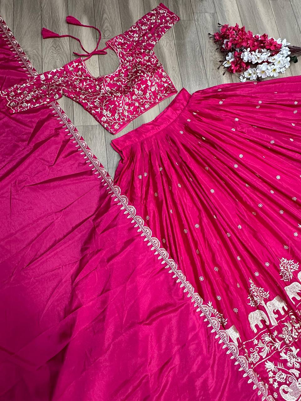 "Dark Rani Festival Lehenga Choli Set: Exquisite Chinon Ensemble with Intricate Embroidery"