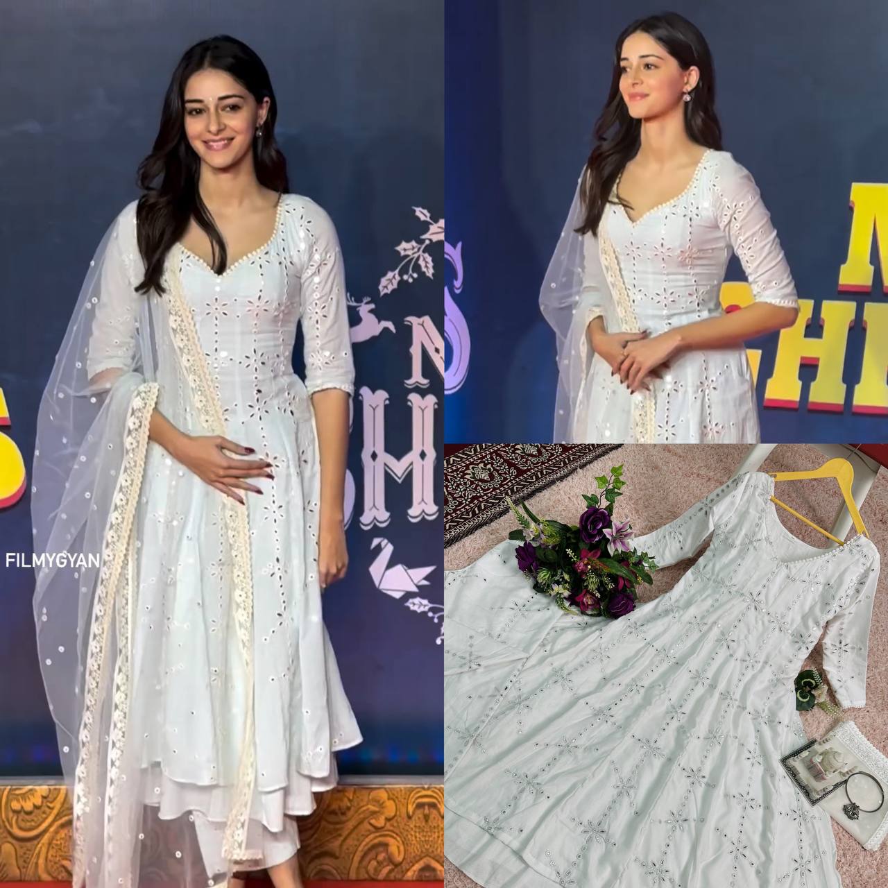 "Ananya Pandey Inspired Bollywood Flair Gown Set: Exquisite Embroidery & Full Flair Design"