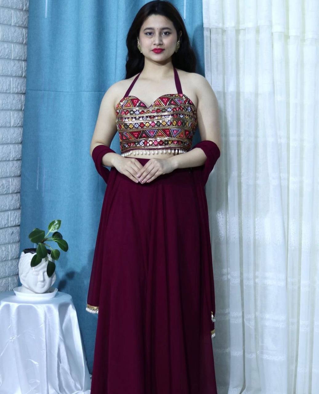 "Wine Elegance: Festival Lehenga Choli Ensemble with Intricate Embroidery"