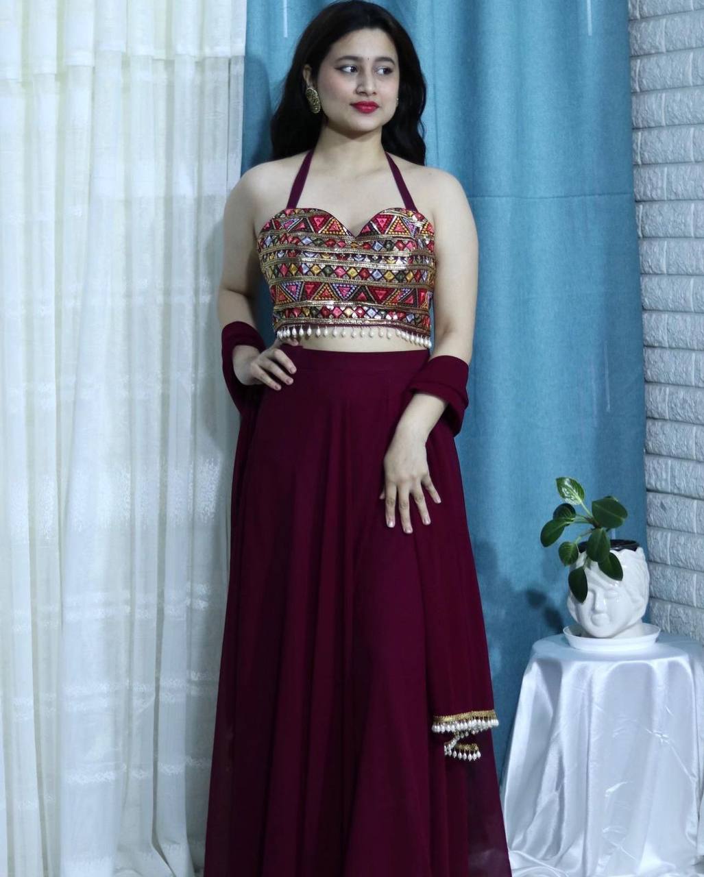 "Wine Elegance: Festival Lehenga Choli Ensemble with Intricate Embroidery"