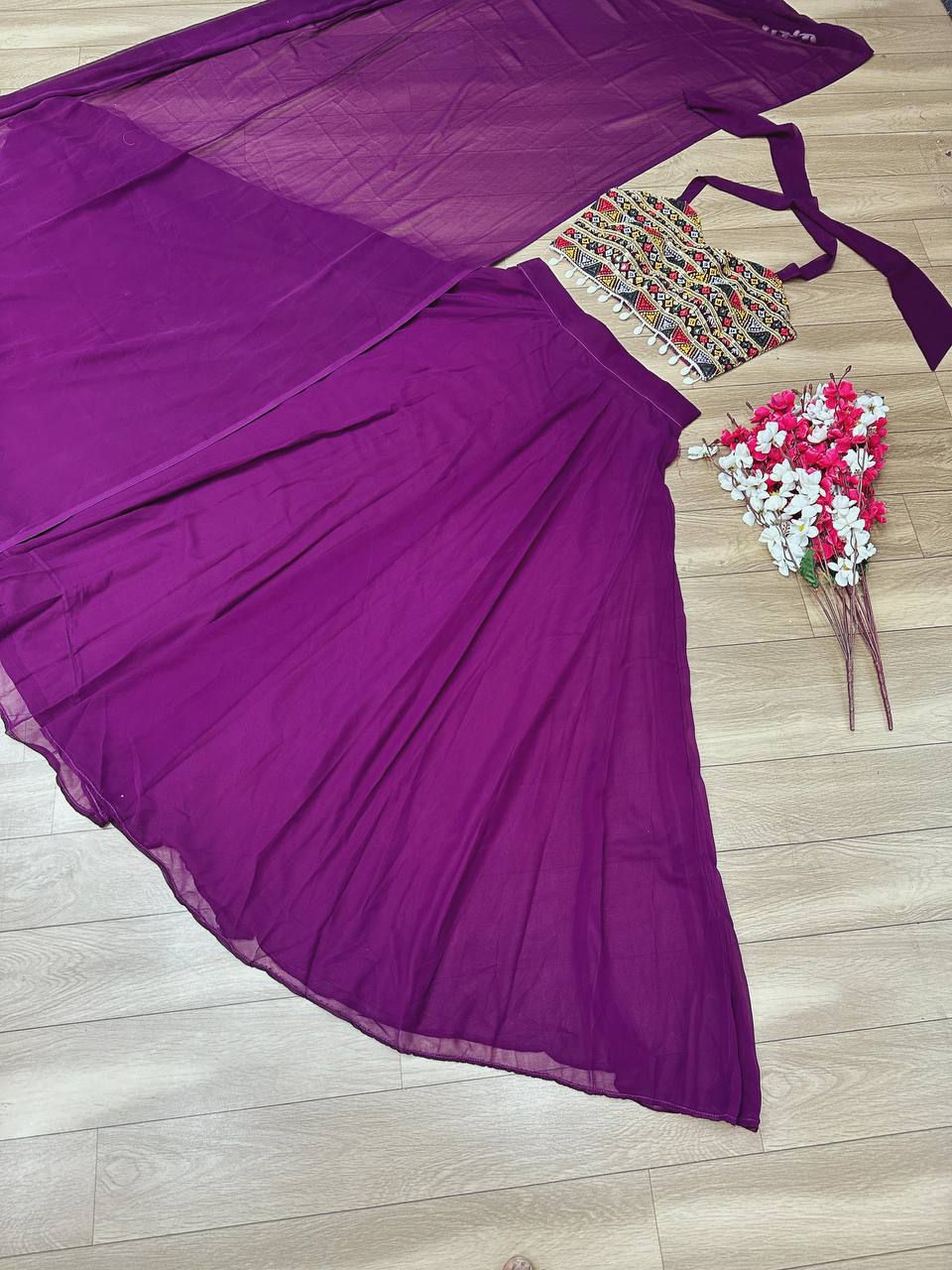 "Wine Elegance: Festival Lehenga Choli Ensemble with Intricate Embroidery"