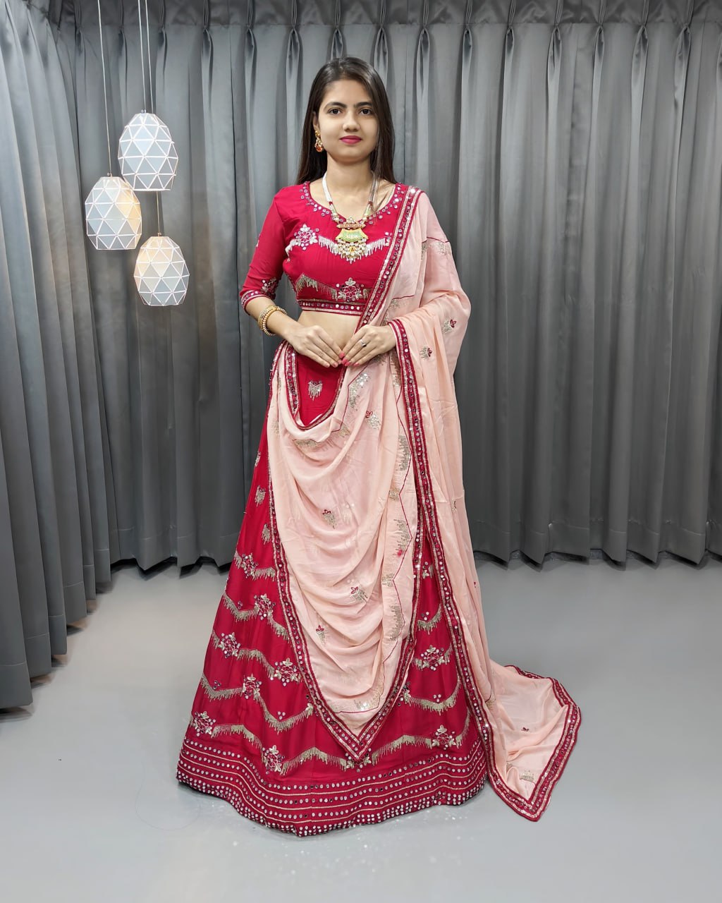 "Regal Rani-Colored Georgette Lehenga Choli Ensemble with Exquisite Mirror Work - Perfect for Timeless Elegance"