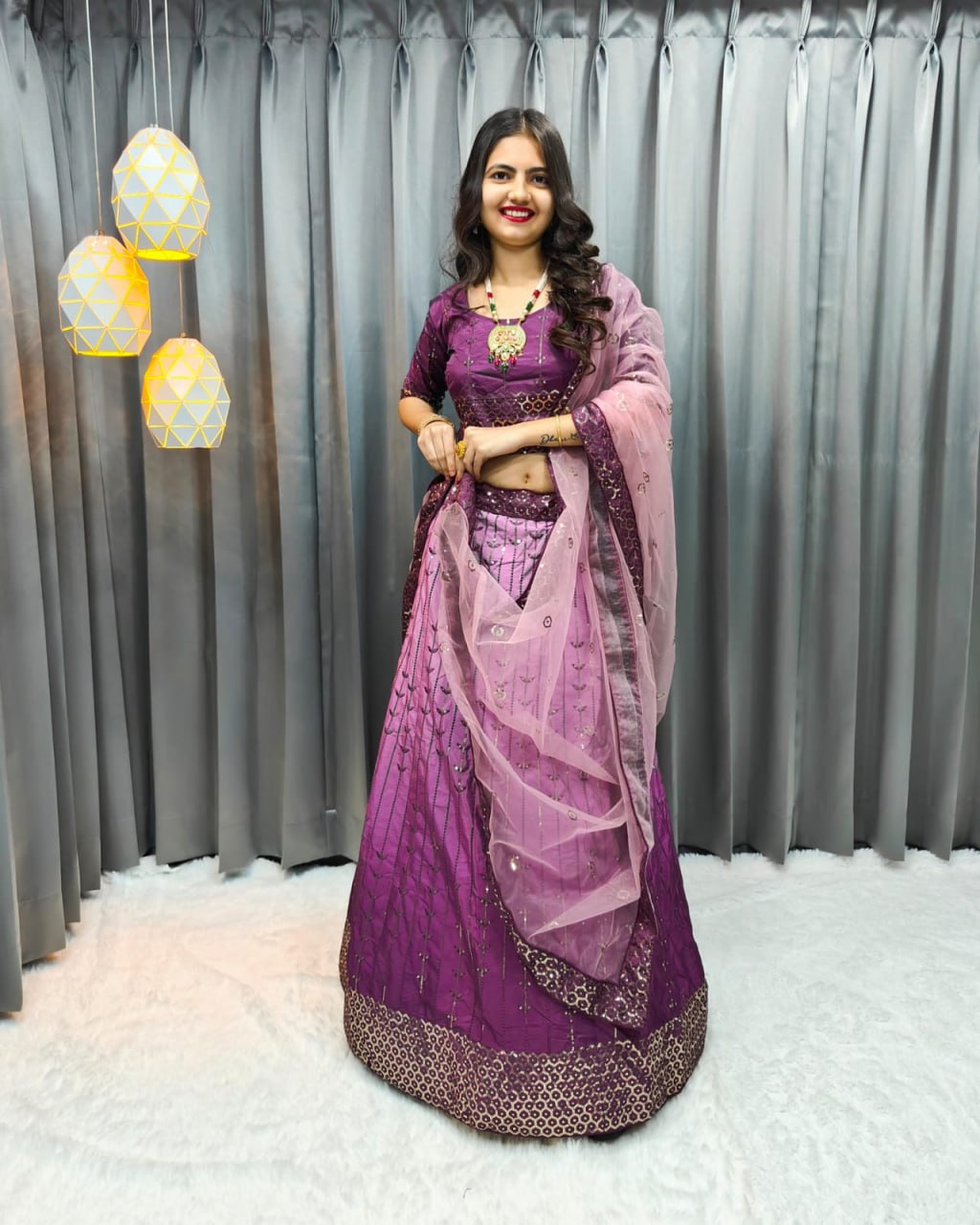 "Enchanting Orchid: Embroidered Semi-Stitched Lehenga Choli Set"