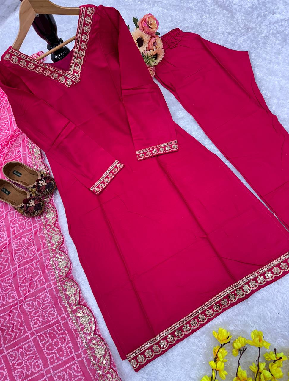 "Embroidered Rayon Party Wear Kurta Set with Digital Print Dupatta"