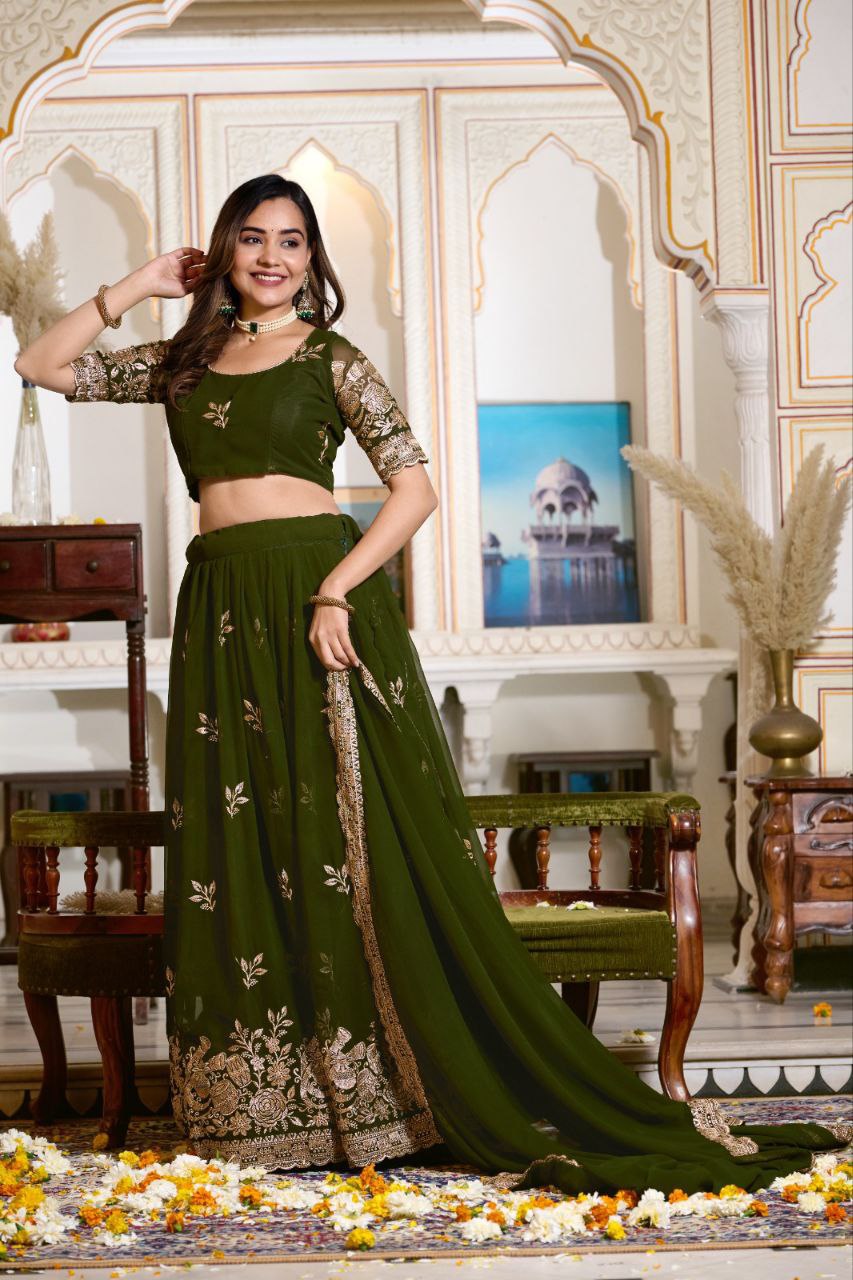 "Women's Beautiful Embroidered Semi Stitched Lehenga Choli Set"