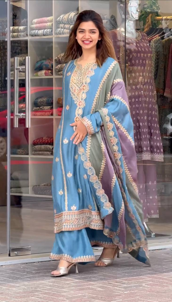 "Embroidered Elegance: Heavy Georgette Top Palazzo & Dupatta Set"