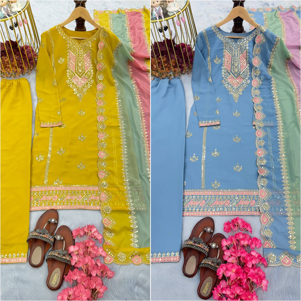 "Embroidered Elegance: Heavy Georgette Top Palazzo & Dupatta Set"