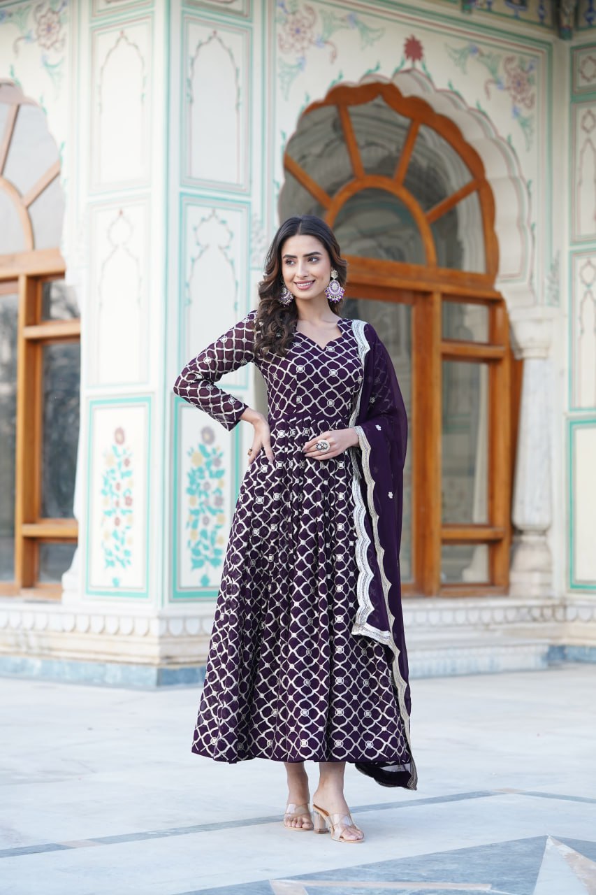 "Sequin Blooms: Faux Embroidered Gown with Dupatta Ensemble"