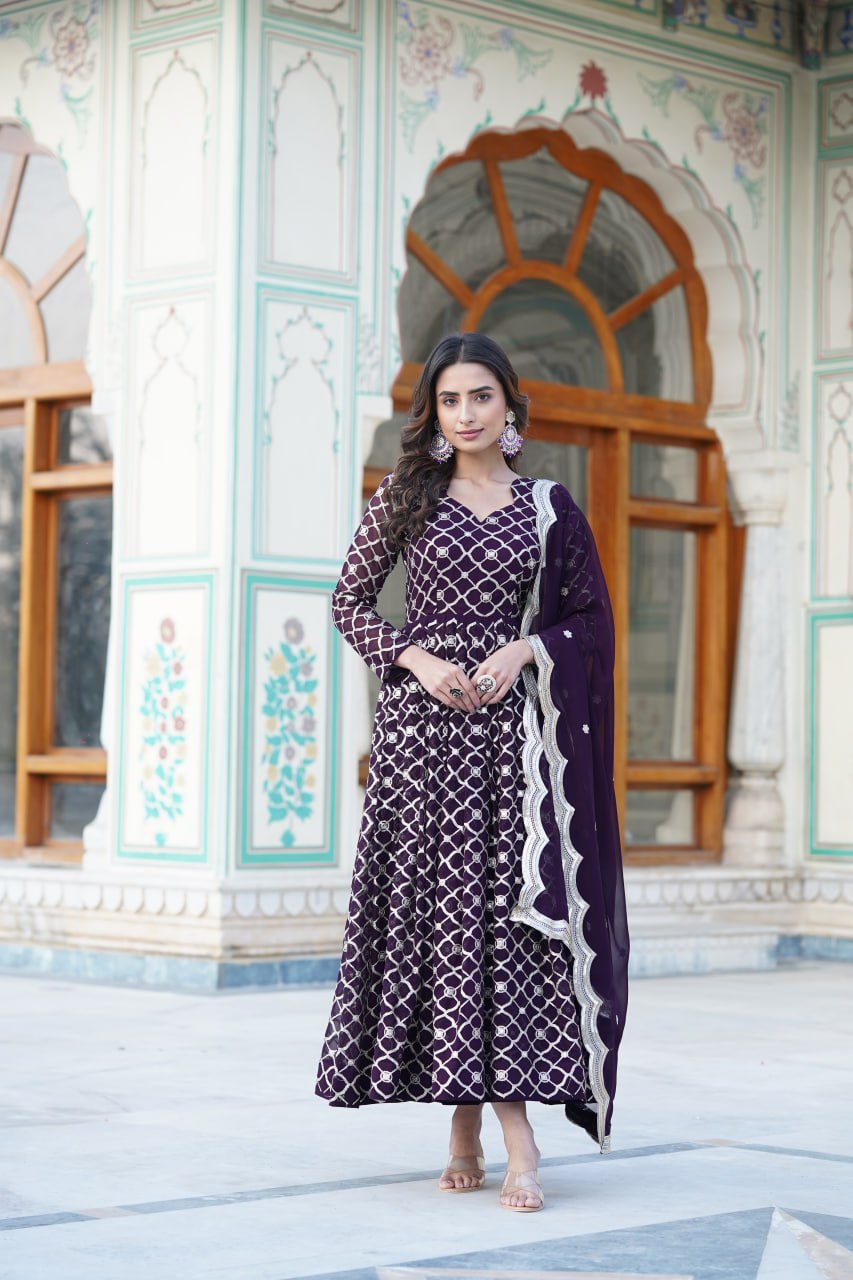 "Sequin Blooms: Faux Embroidered Gown with Dupatta Ensemble"