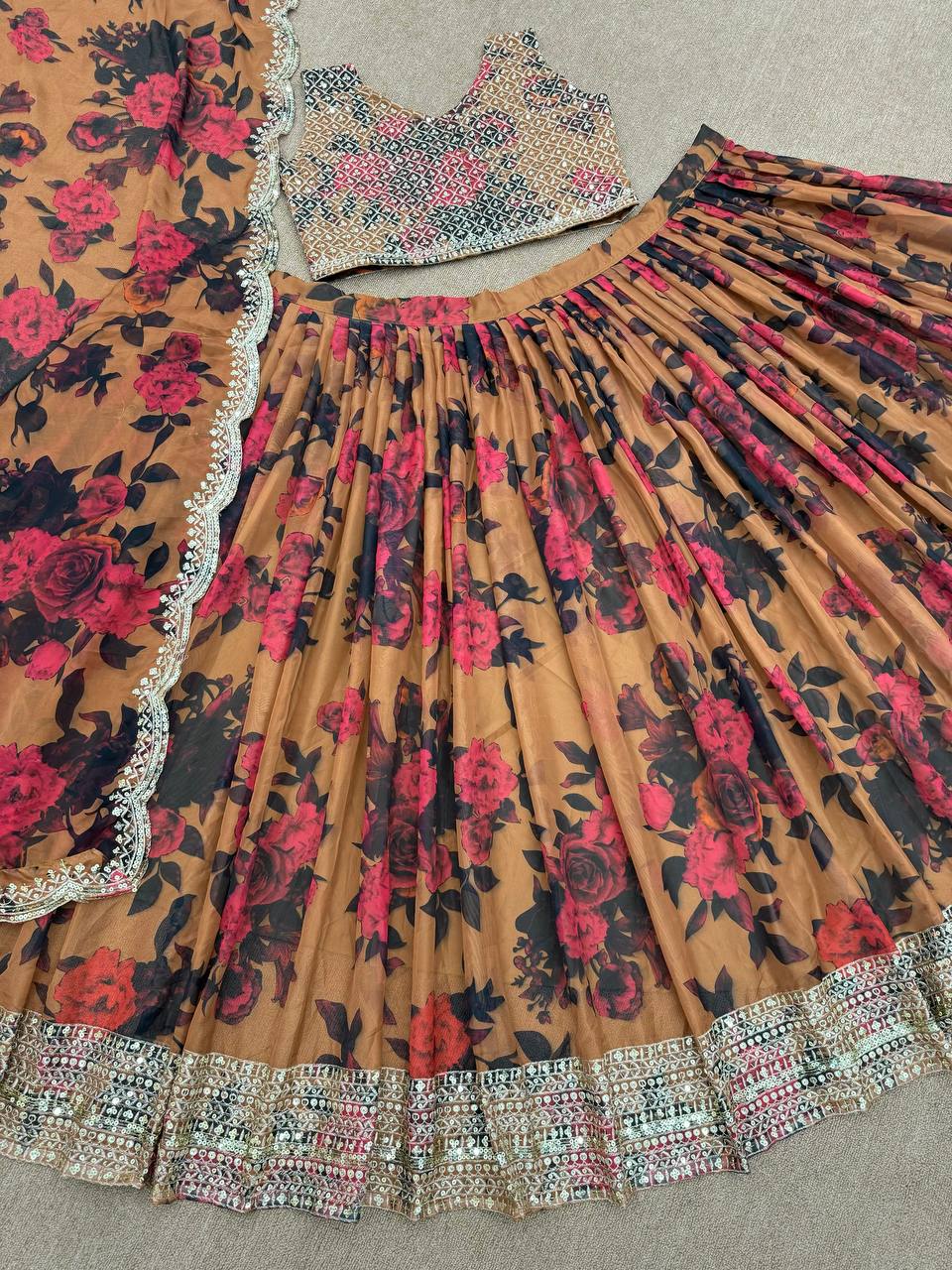 "Ethnic Elegance: Digital Printed Tabby Silk Semi-Stitched  Lehenga Choli With Dupatta Set"