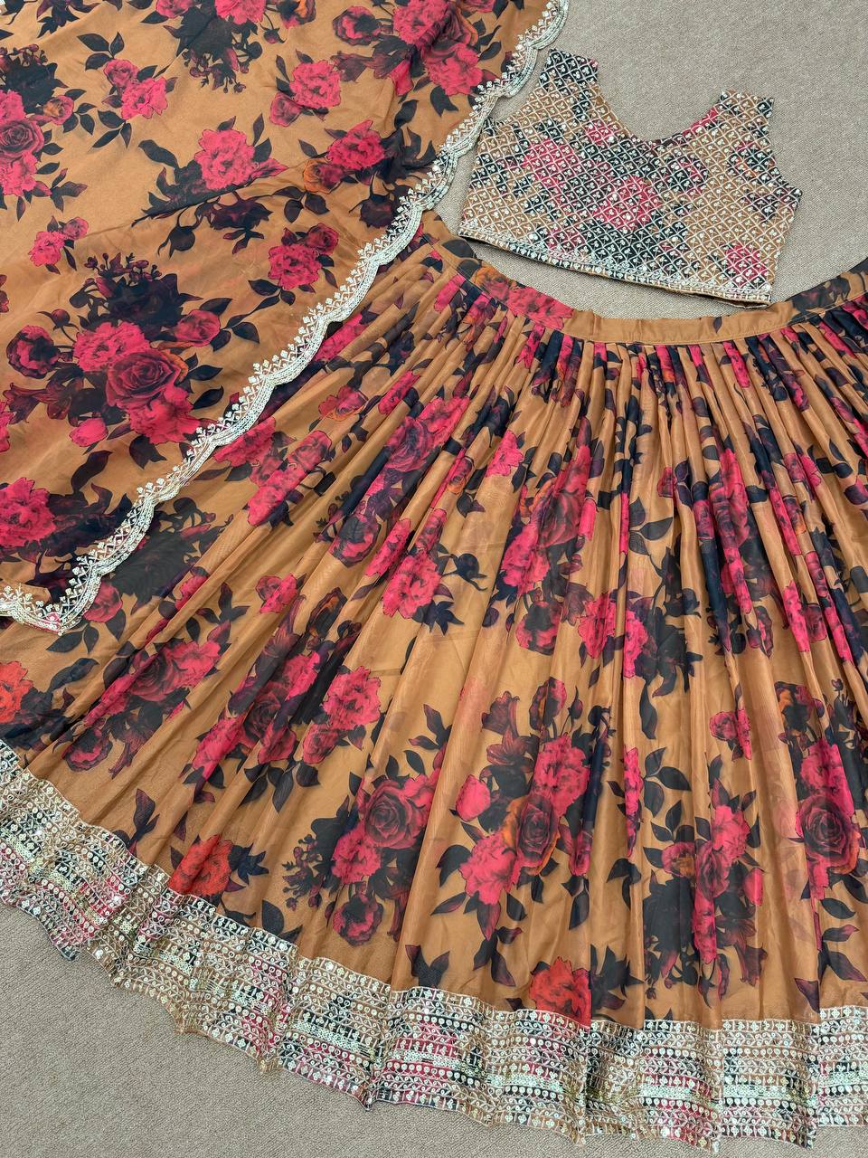 "Ethnic Elegance: Digital Printed Tabby Silk Semi-Stitched  Lehenga Choli With Dupatta Set"