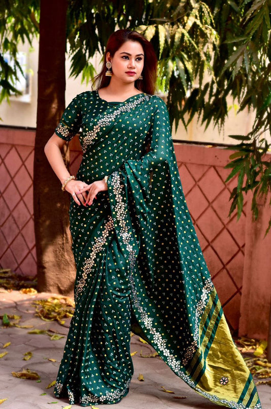 "Exquisite Bandhani Silk Saree: Gota Patti Border & Block Print Elegance"