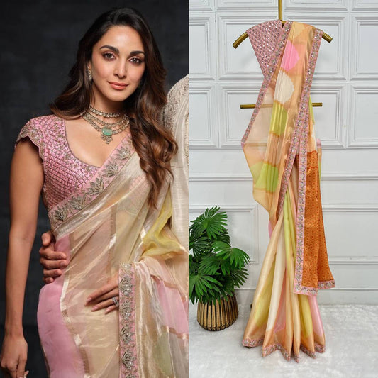 "Kiara Advani Inspired Bollywood Glamour Saree: Jimmy Choo Fabric with Digital Print & Embroidery"