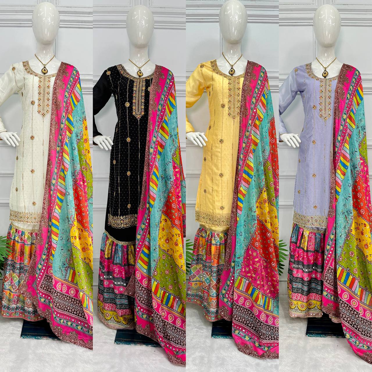 "Chinon Elegance: Festival Special Embroidered Kurta Suit Set with Dupatta & Sharara Plazzo"