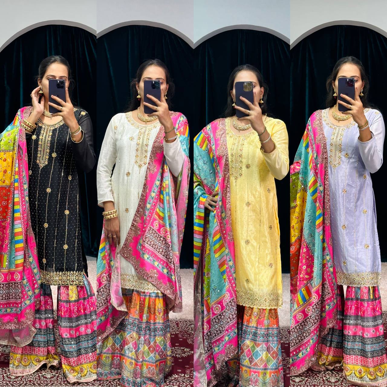 "Chinon Elegance: Festival Special Embroidered Kurta Suit Set with Dupatta & Sharara Plazzo"