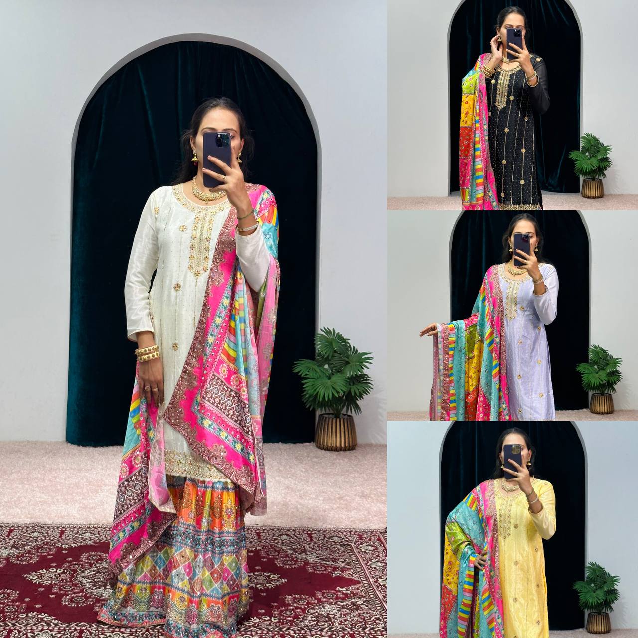 "Chinon Elegance: Festival Special Embroidered Kurta Suit Set with Dupatta & Sharara Plazzo"