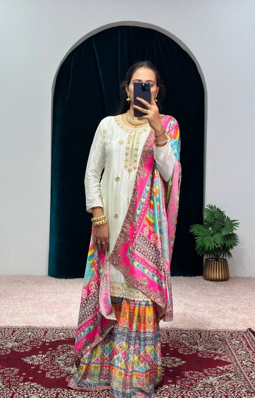 "Chinon Elegance: Festival Special Embroidered Kurta Suit Set with Dupatta & Sharara Plazzo"