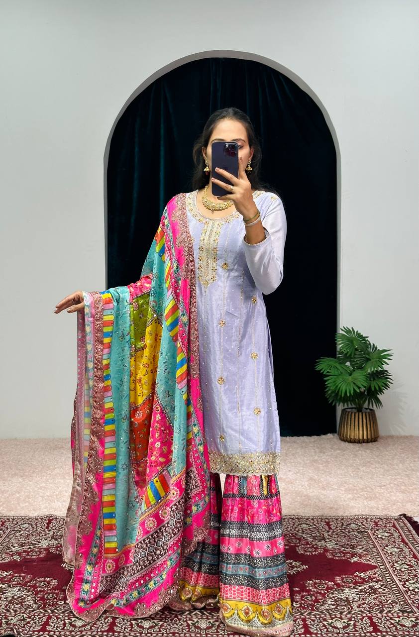 "Chinon Elegance: Festival Special Embroidered Kurta Suit Set with Dupatta & Sharara Plazzo"