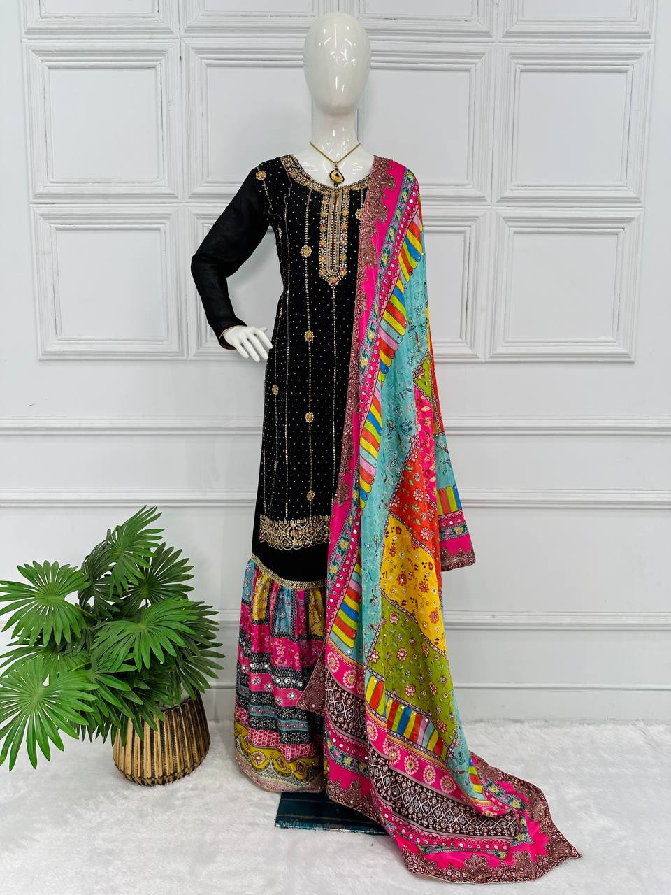 "Chinon Elegance: Festival Special Embroidered Kurta Suit Set with Dupatta & Sharara Plazzo"