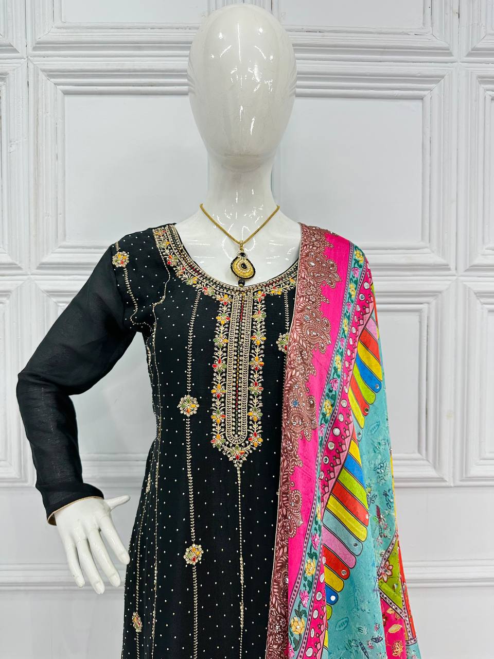 "Chinon Elegance: Festival Special Embroidered Kurta Suit Set with Dupatta & Sharara Plazzo"