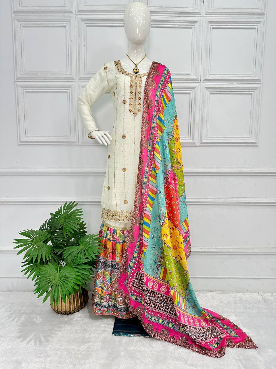 "Chinon Elegance: Festival Special Embroidered Kurta Suit Set with Dupatta & Sharara Plazzo"