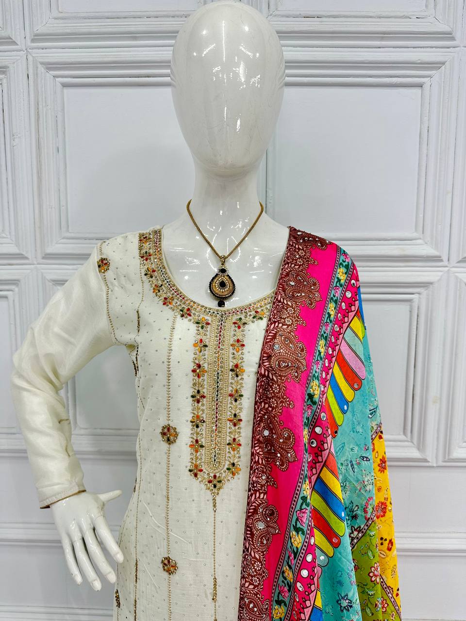 "Chinon Elegance: Festival Special Embroidered Kurta Suit Set with Dupatta & Sharara Plazzo"