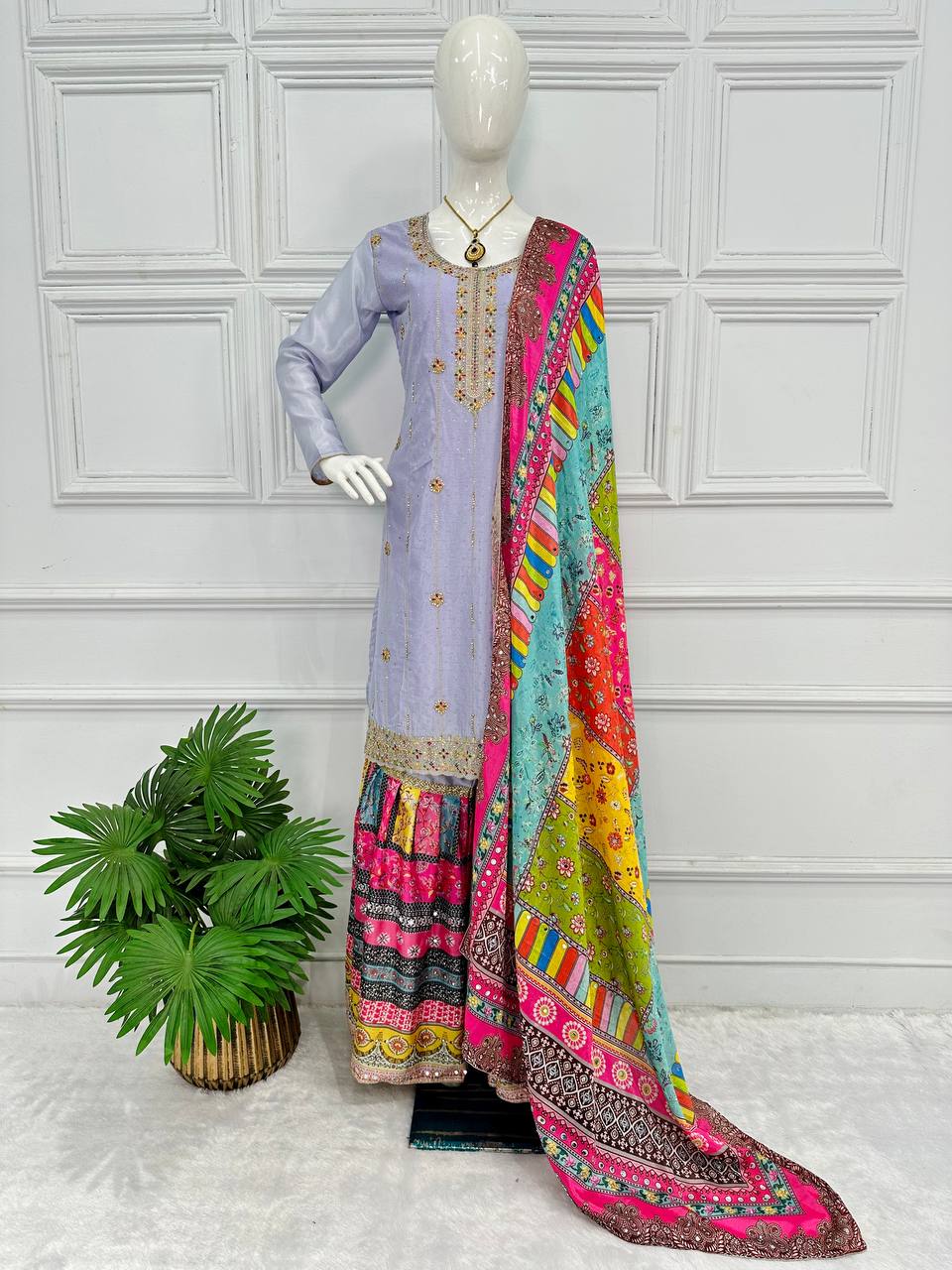 "Chinon Elegance: Festival Special Embroidered Kurta Suit Set with Dupatta & Sharara Plazzo"