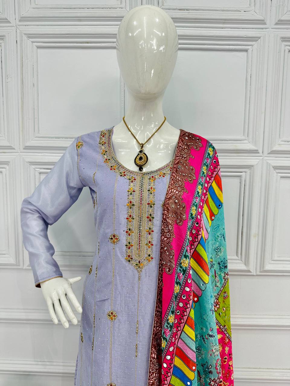 "Chinon Elegance: Festival Special Embroidered Kurta Suit Set with Dupatta & Sharara Plazzo"