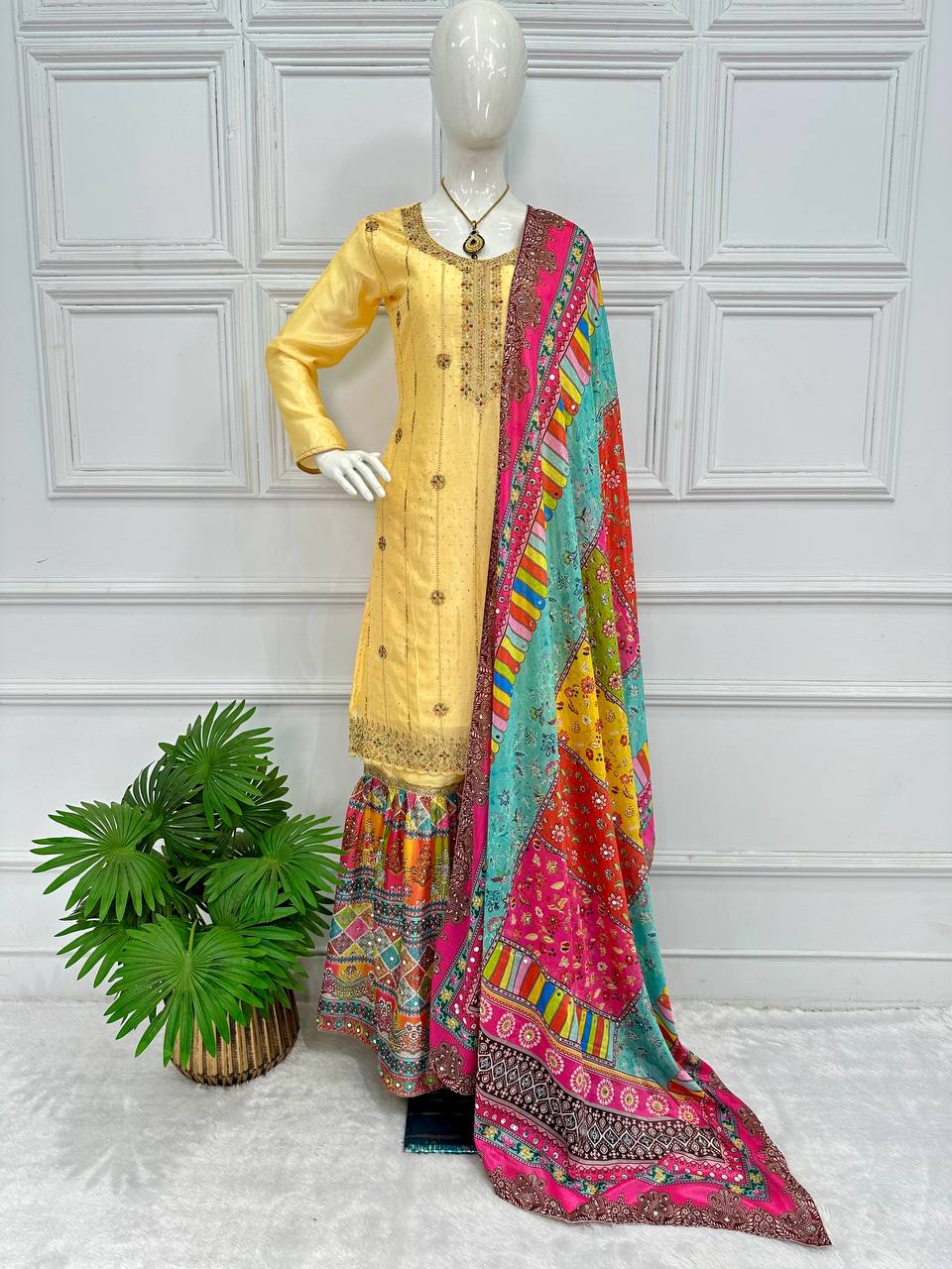 "Chinon Elegance: Festival Special Embroidered Kurta Suit Set with Dupatta & Sharara Plazzo"