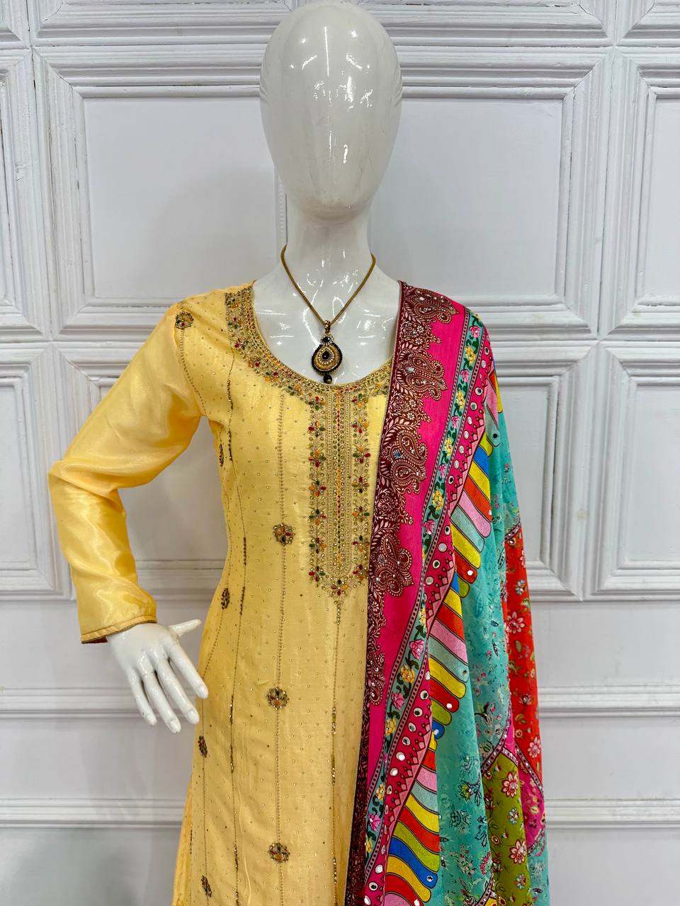 "Chinon Elegance: Festival Special Embroidered Kurta Suit Set with Dupatta & Sharara Plazzo"