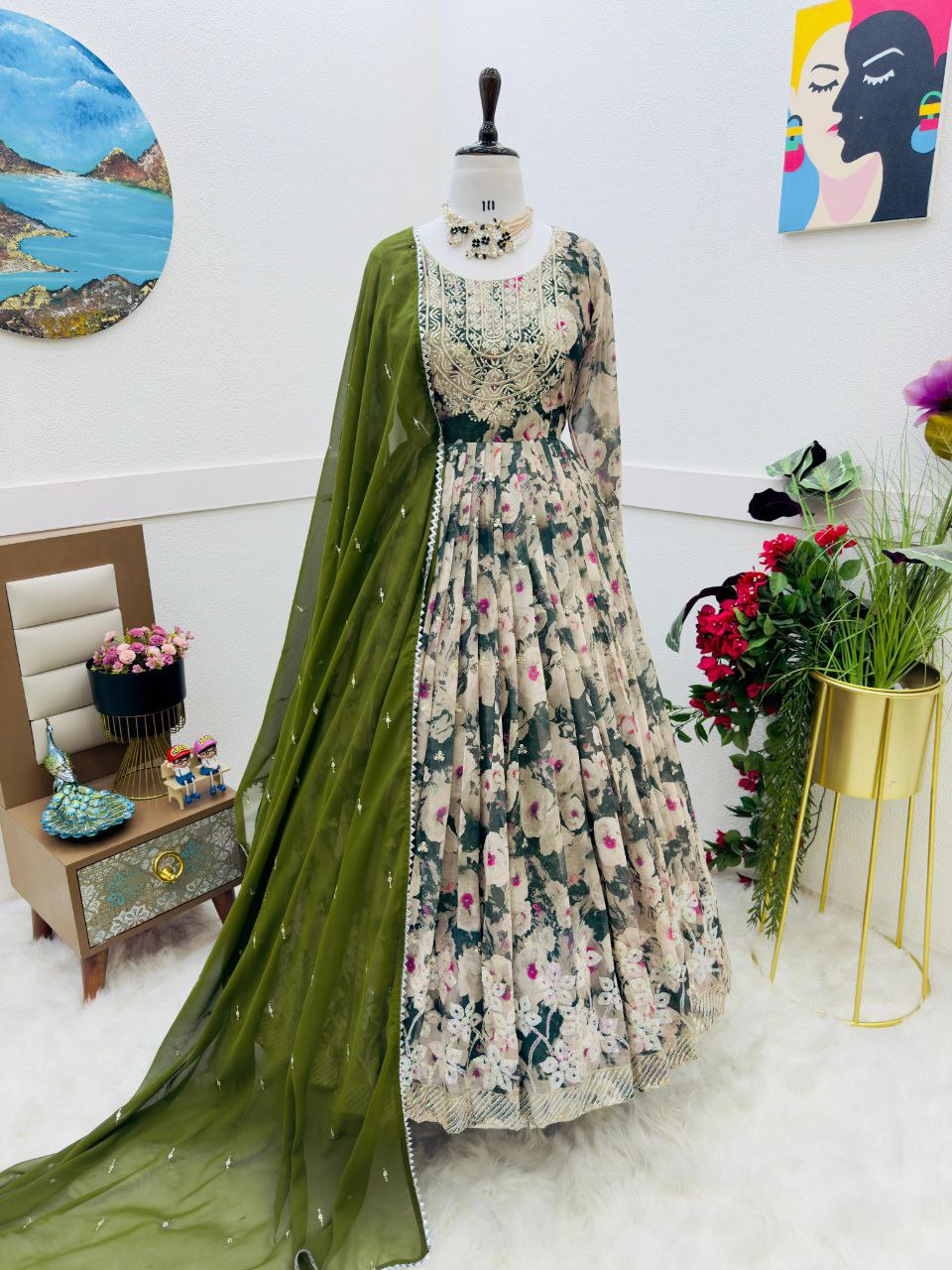 "Embroidered Fox Georgette Party Gown & Dupatta Set - Elegant Sequin Details"