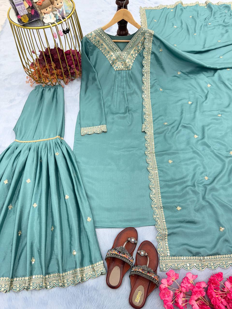 "Chinon Silk Elegance: Designer Party Wear Top Palazzo & Dupatta Set"