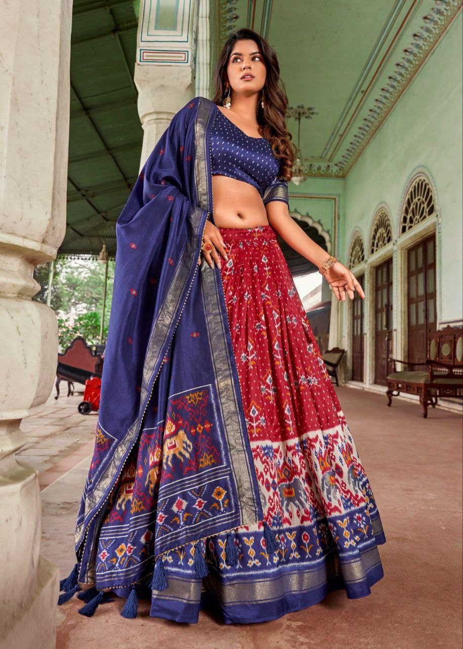 "Royal Tussar Silk Semi-Stitched  Minakari Work Printed Lehenga Choli Ensemble"