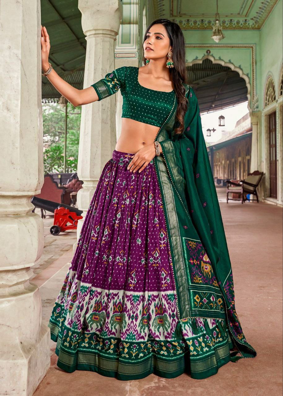 "Royal Tussar Silk Semi-Stitched  Minakari Work Printed Lehenga Choli Ensemble"