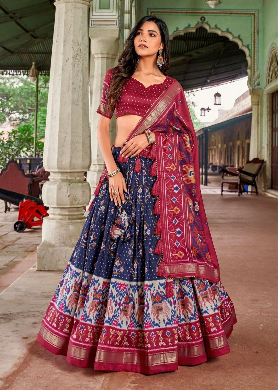 "Royal Tussar Silk Semi-Stitched  Minakari Work Printed Lehenga Choli Ensemble"