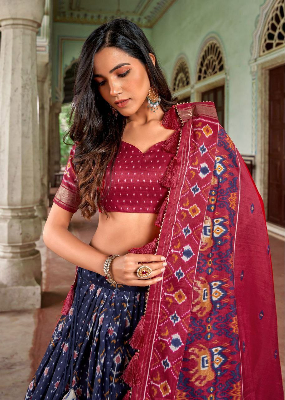 "Royal Tussar Silk Semi-Stitched  Minakari Work Printed Lehenga Choli Ensemble"