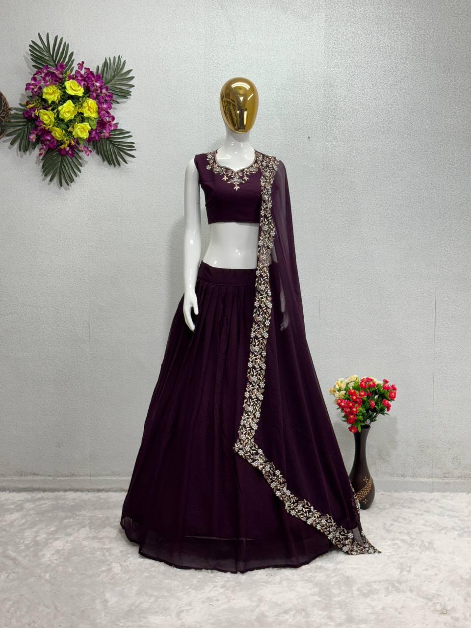 "Royal Pearl Embroidered Georgette Semi-Stitched Lehenga Choli Set with Fancy Dupatta"