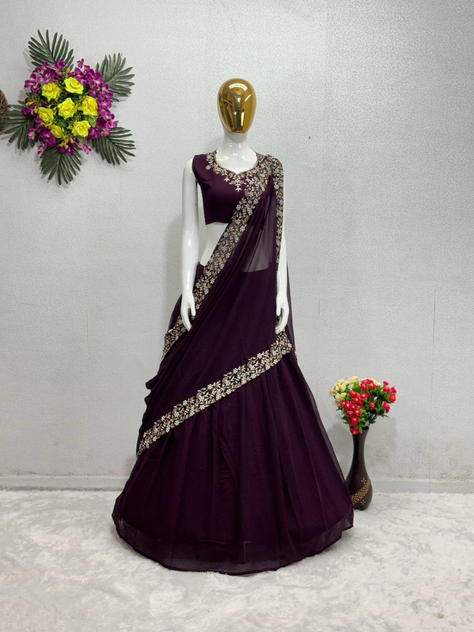 "Royal Pearl Embroidered Georgette Semi-Stitched Lehenga Choli Set with Fancy Dupatta"