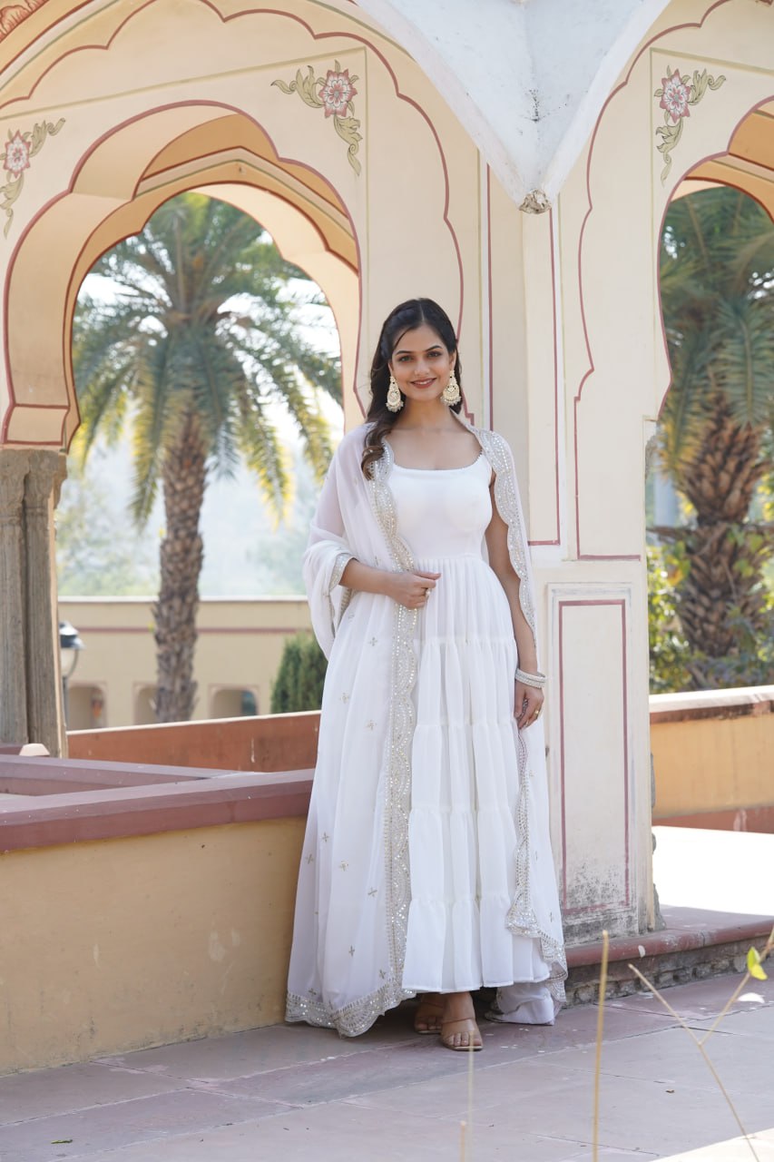 "Elegant Faux Georgette Women's Gown with Designer Embroidered Dupatta"