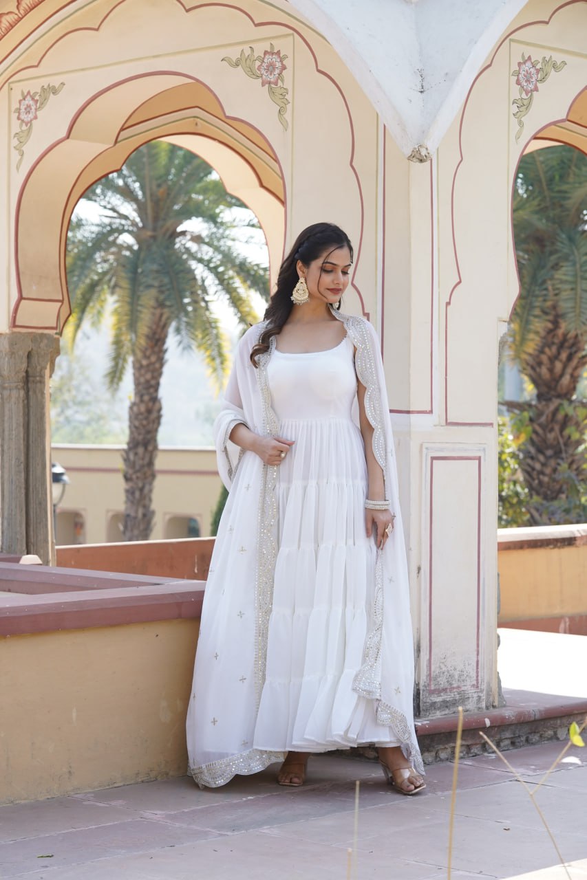 "Elegant Faux Georgette Women's Gown with Designer Embroidered Dupatta"