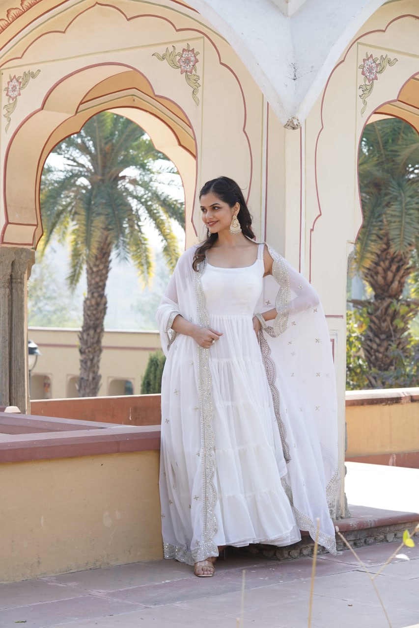 "Elegant Faux Georgette Women's Gown with Designer Embroidered Dupatta"