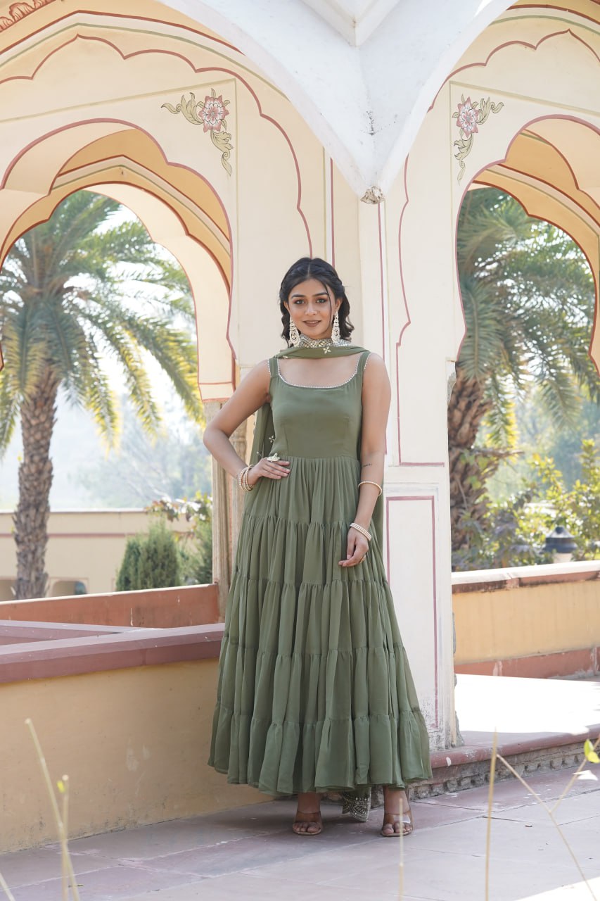 "Elegant Faux Georgette Women's Gown with Designer Embroidered Dupatta"