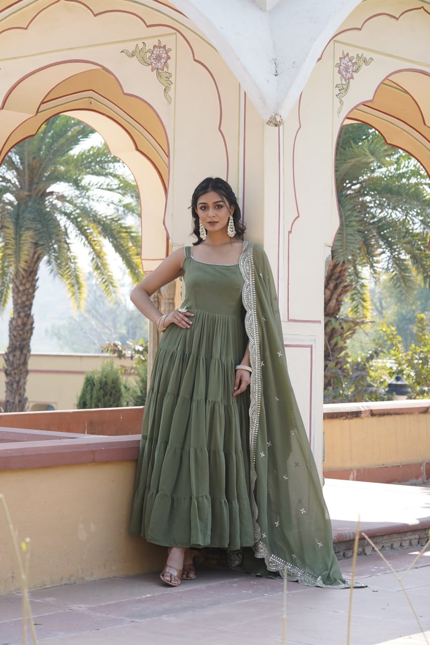 "Elegant Faux Georgette Women's Gown with Designer Embroidered Dupatta"