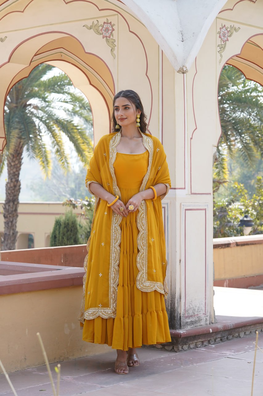 "Elegant Faux Georgette Women's Gown with Designer Embroidered Dupatta"